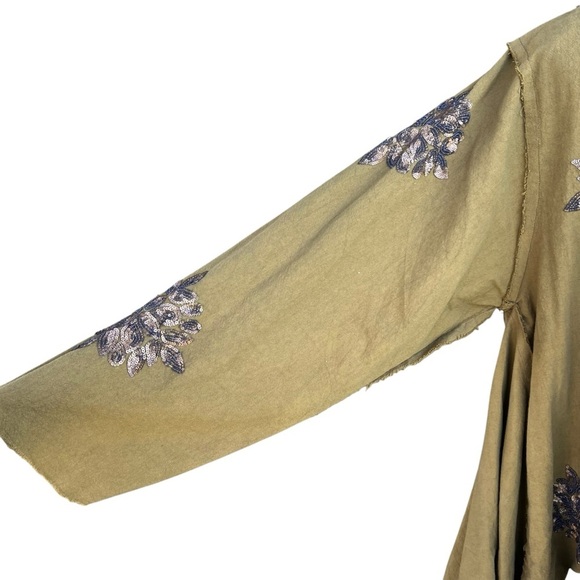 Krista Larson Billowy Sequined Shirt Artsy Art-To-Wear Lagenlook Army Green OSFM - Picture 6 of 13